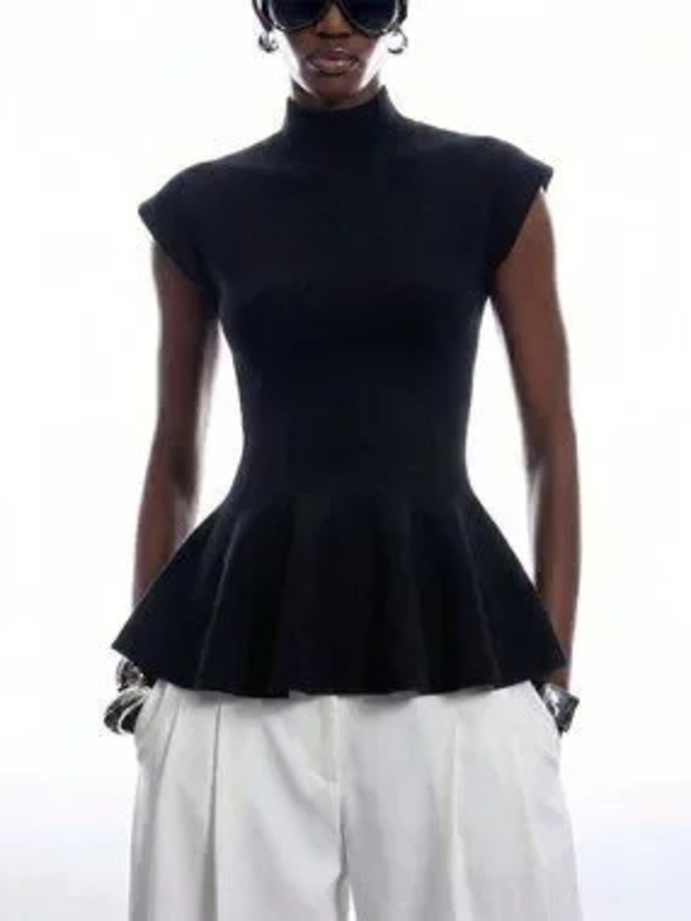 ZARA Black Casual Women's Stand Collar Cap Sleeve Ruffle Hem Knit Top
